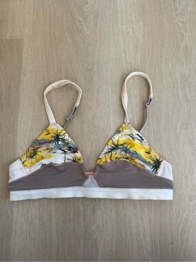 XiRENA Yellow Palm Print Triangle Bralette with Taupe & White Bands